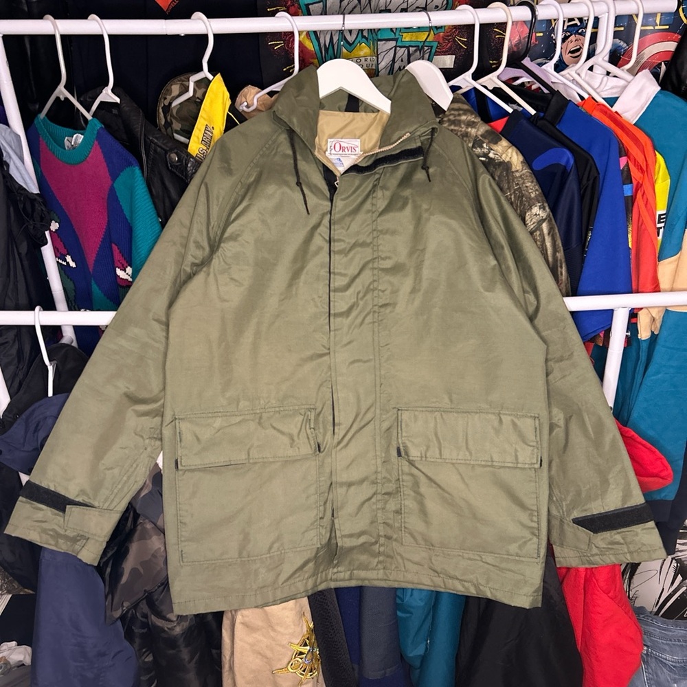Vintage 70s 80s Orvis Olive Green Packable Hood Jacket size Medium